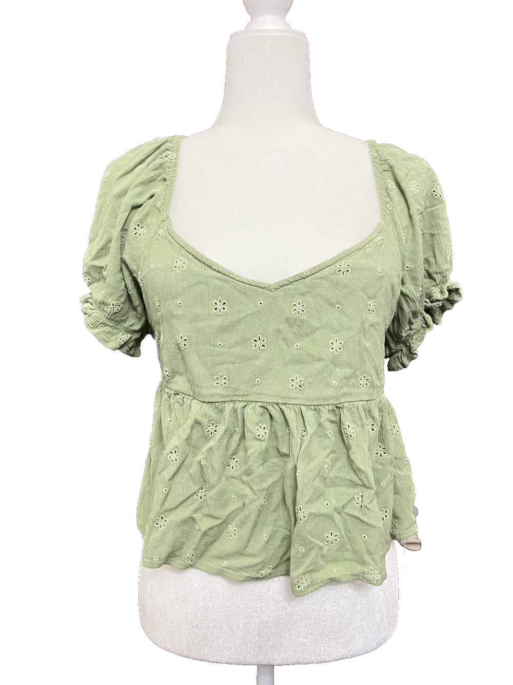 Women's O'Neill Size Medium Green V Neck Flowy Blouse Puff Sleeves Cottagecore